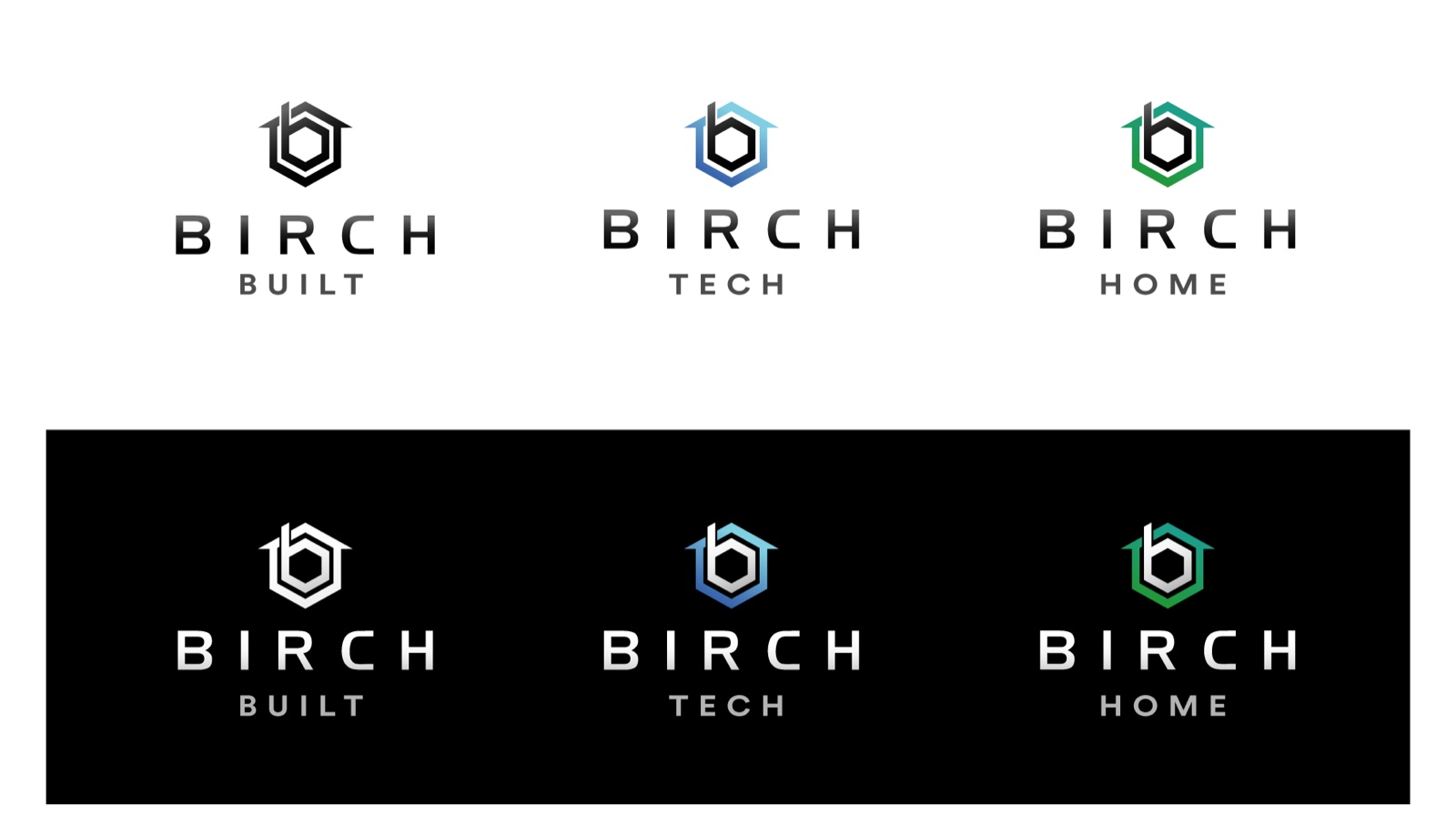 Birch Built, Birch Tech and Birch Home logos on light and dark backgrounds